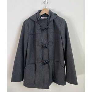 Merona Women’s Large Gray Wool Blend Hooded Duffel Coat Toggle Button Full Zip
